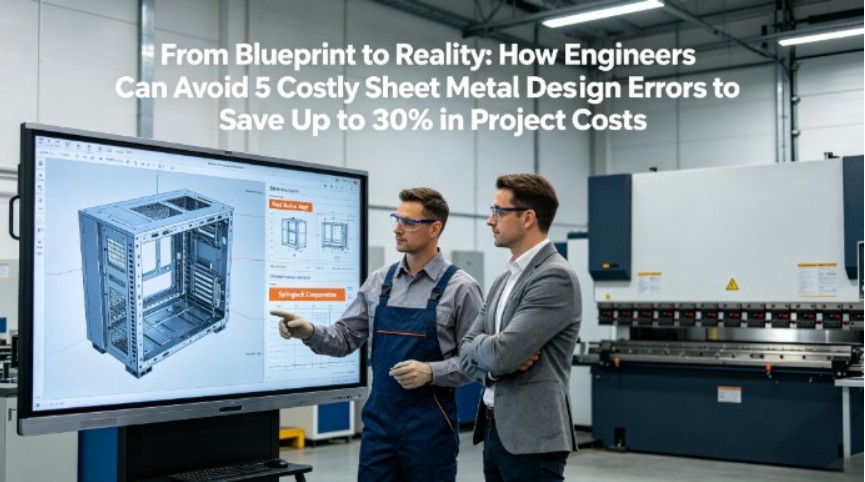 A hyper-realistic photo of an engineer and a designer collaboratively reviewing a 3D CAD model of a complex sheet metal enclosure alongside a DFM analysis report highlighting "Bend Radius Alert" and "Springback Compensation" on a large touchscreen in a modern sheet metal workshop, with the article title overlaid.